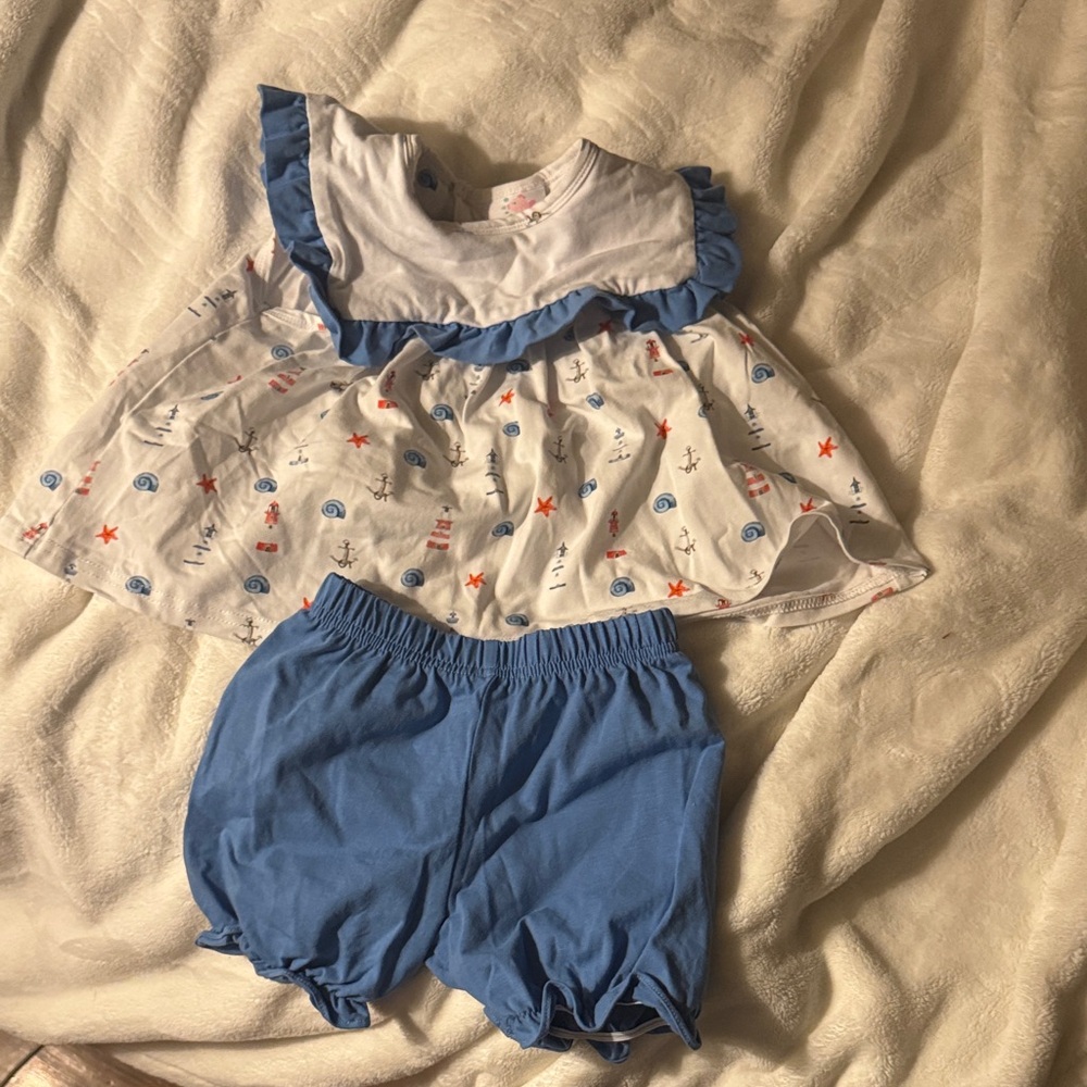 Nautical Print Ruffle Baby Top with Blue Bloomers- Stitchy Fish